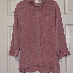 woman’s pink and white dotted button down blouse